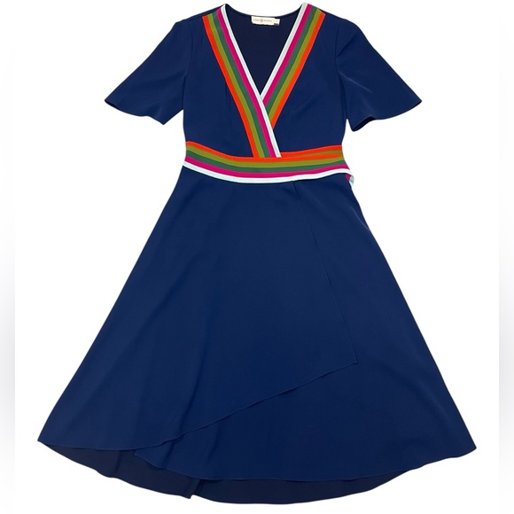 Tory Burch Peggy Wrap Dress Short Sleeve Navy Blue Stretch V-neck Womens Size 0 - Picture 3 of 16